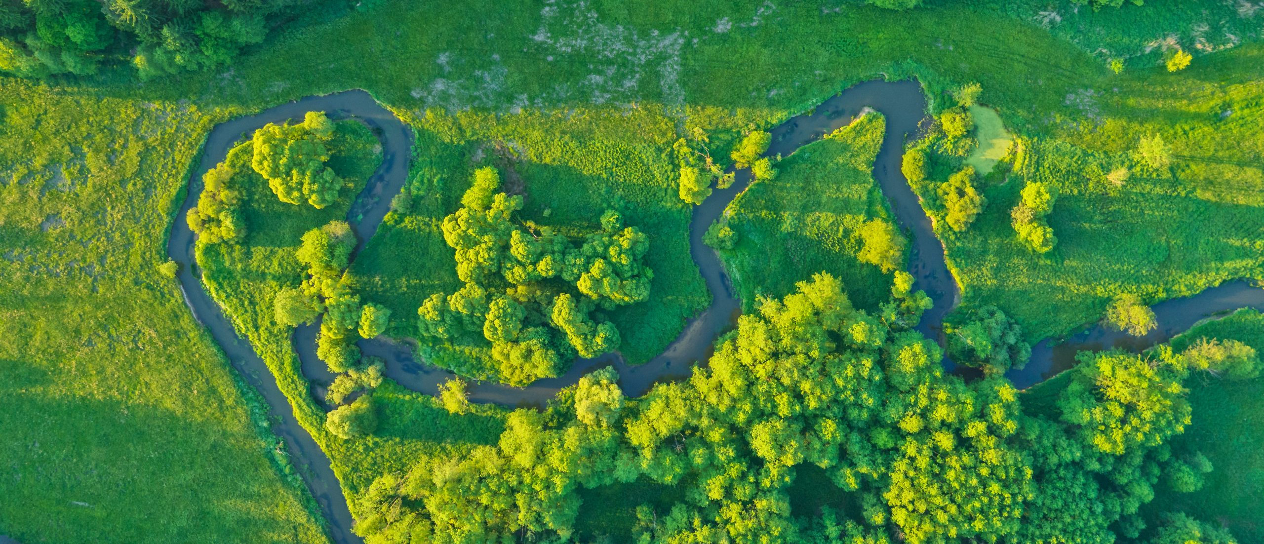 Aerial view of river valley in beautiful sunset light, Czech republic, Europe