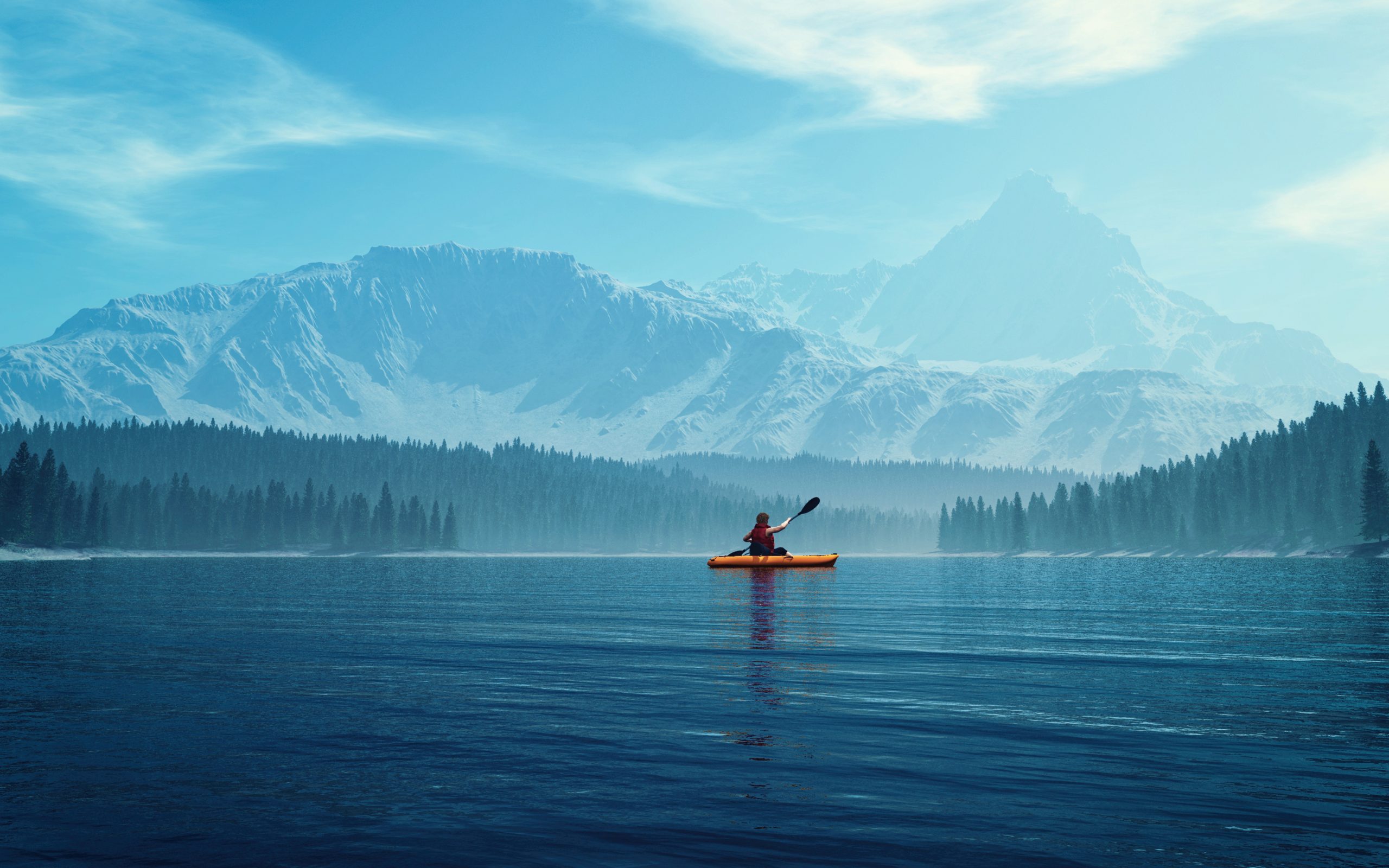 Man with canoe on the lake. 3d render illustration