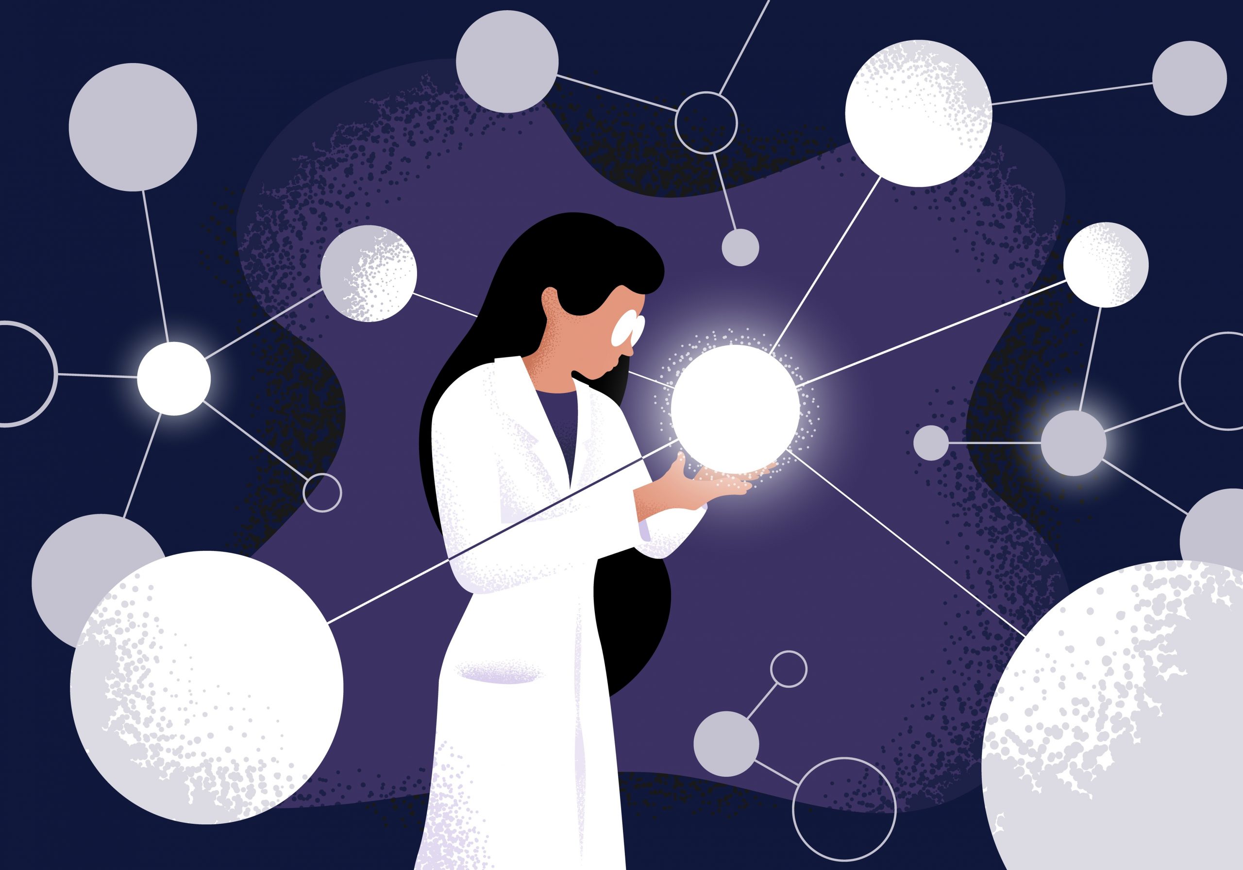 Female scientist in lab coat checking artificial neurons connected into neural network. Computational neuroscience, machine learning, scientific research. Vector illustration in flat cartoon style