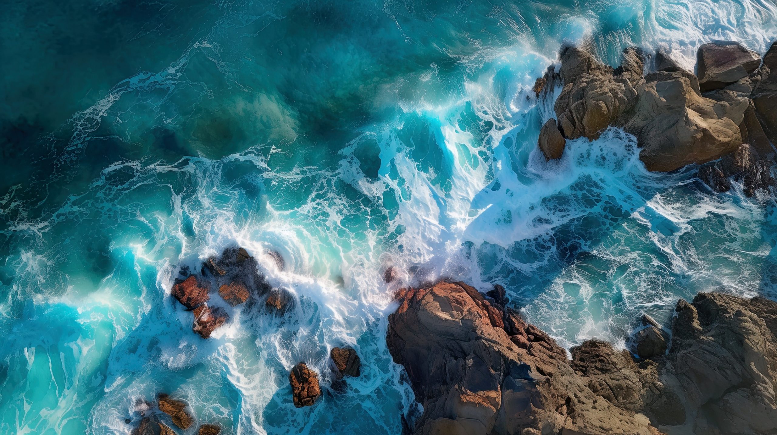 Aerial view of sea and rocks, ocean blue waves crashing on shore, generative AI. Earth texture background. Concept of satellite picture, nature, stone, cliff, landscape.