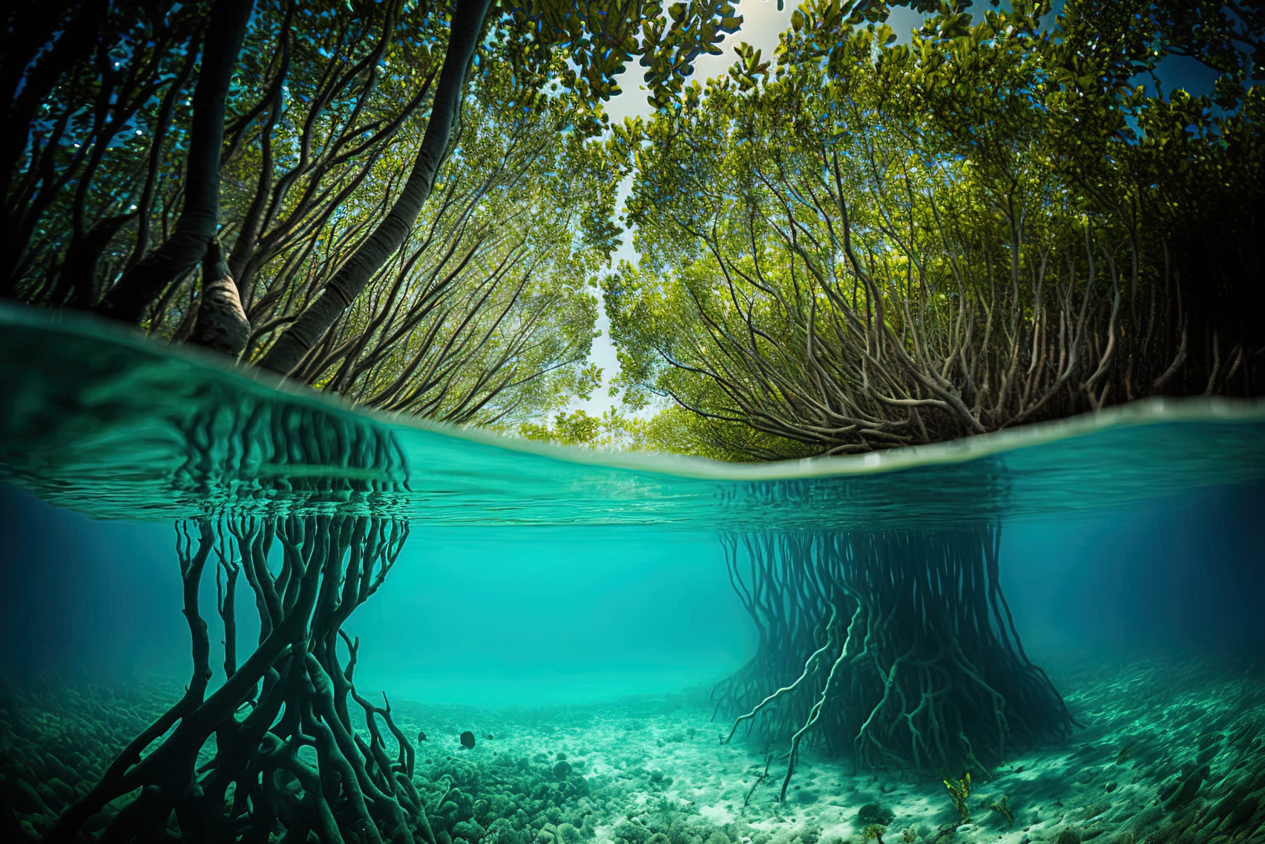 Underwater photograph of a mangrove forest with flooded trees, an uncommon underwater scene, and an underwater ecology. Generative AI