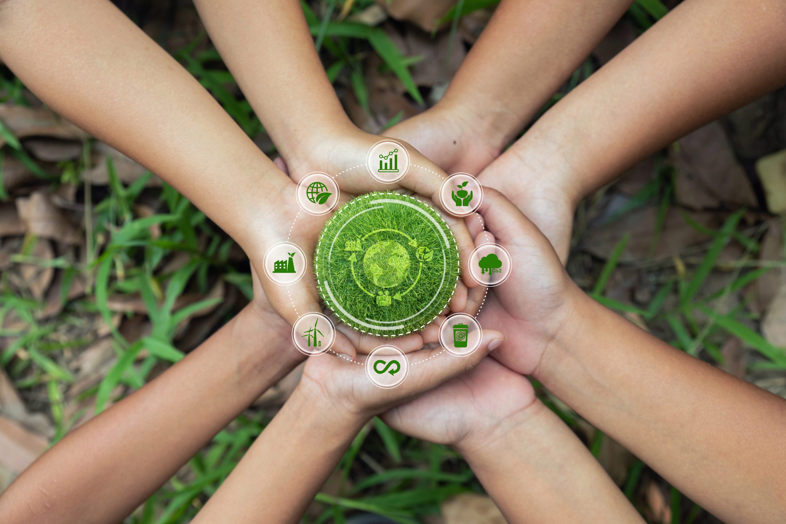 LCA-Life cycle assessment concept.Group of children holding a green ball with an LCA icon. environmental impact assessment related to product value chains and Growing sustainability.ESG, net zero