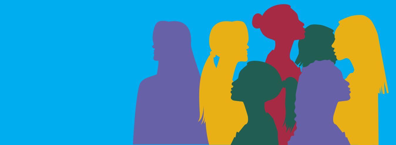 A graphic showing silhouettes of a group of women, in bright colours