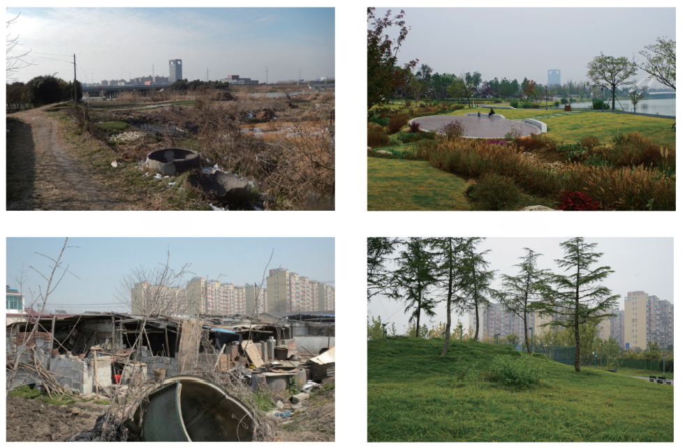 Four images showing a degraded site on the left and a green park on the right