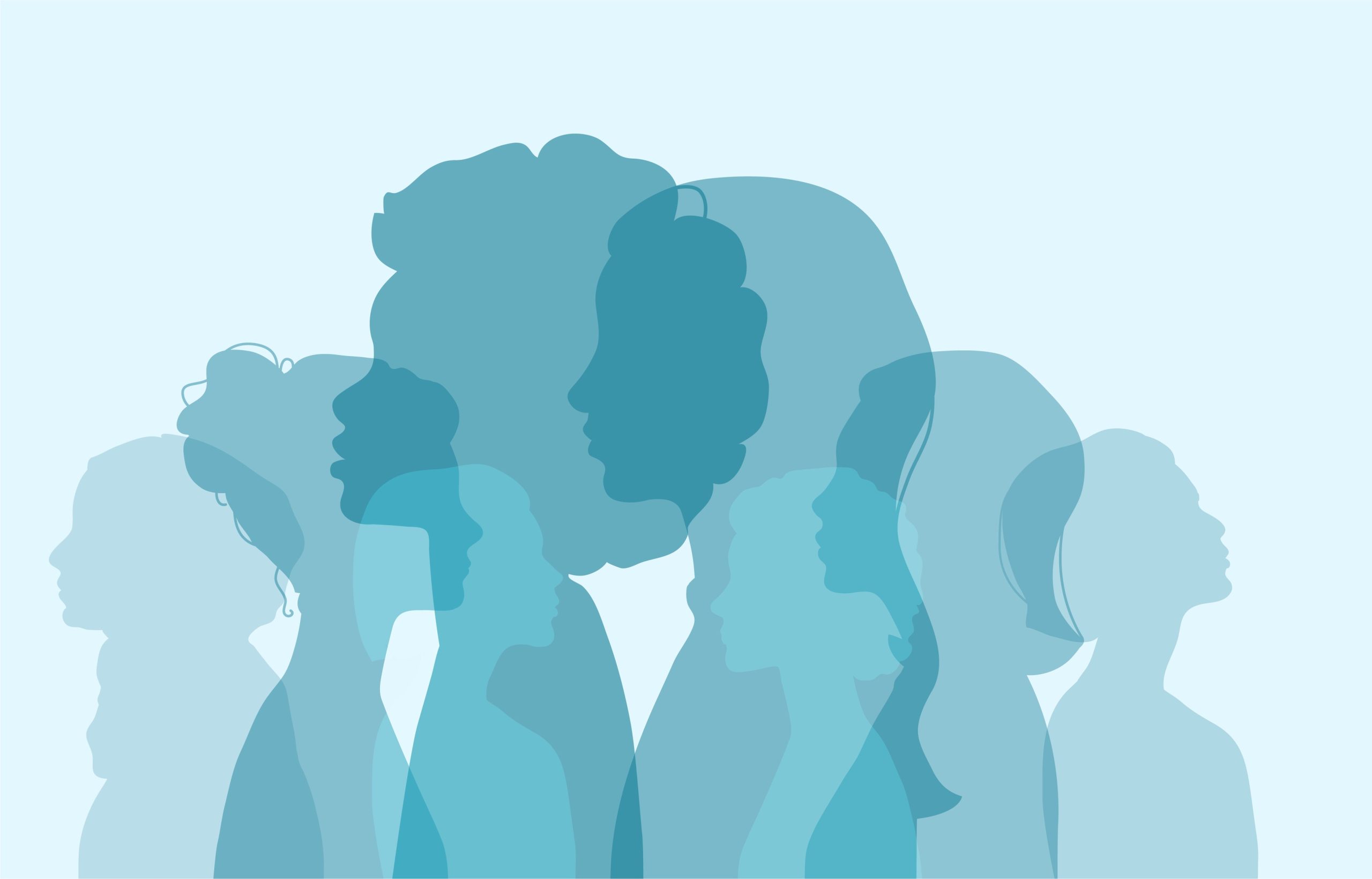 Woman silhouette isolated vector illustration. Modern blue colored feminist concept background for womens day, month, 8 march. Women different nation for equality, unity, rights, feminism. Copy space.